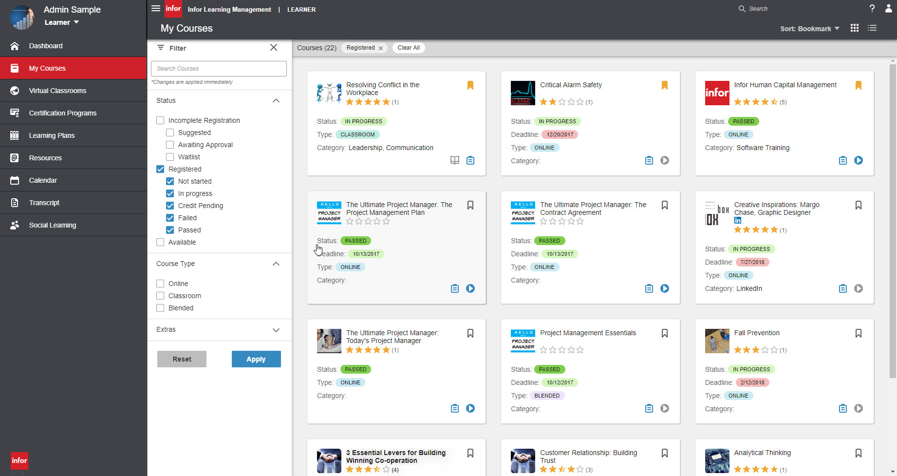 screenshot of Infor Learning Management System (LMS)